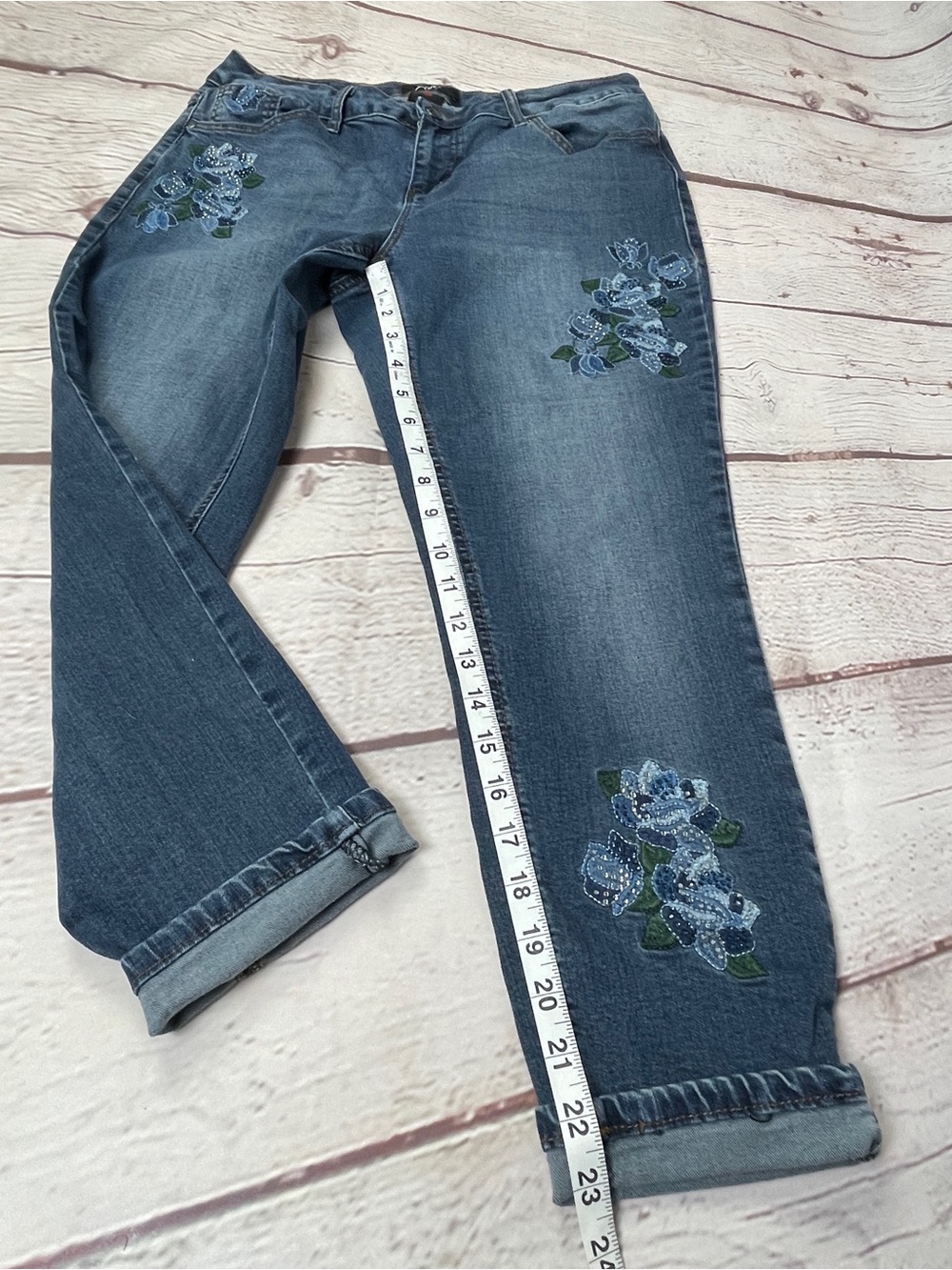 EARL unique blue skinny ankle jeans with floral embroidery, size 12P - Picture 11 of 12
